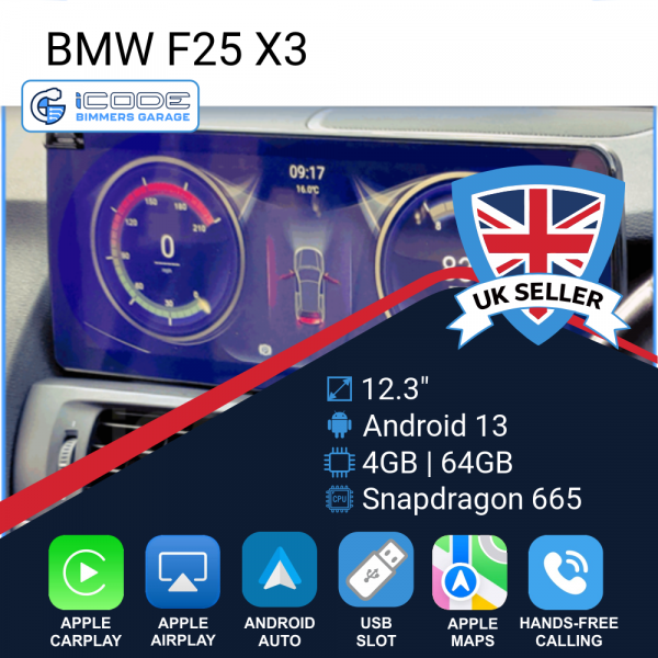 Android Touchscreen BMW F25 12.3" FHD 4GB + 64GB S665 Android 13 ID8-core Snapdragon Wireless Carplay CIC BOTH