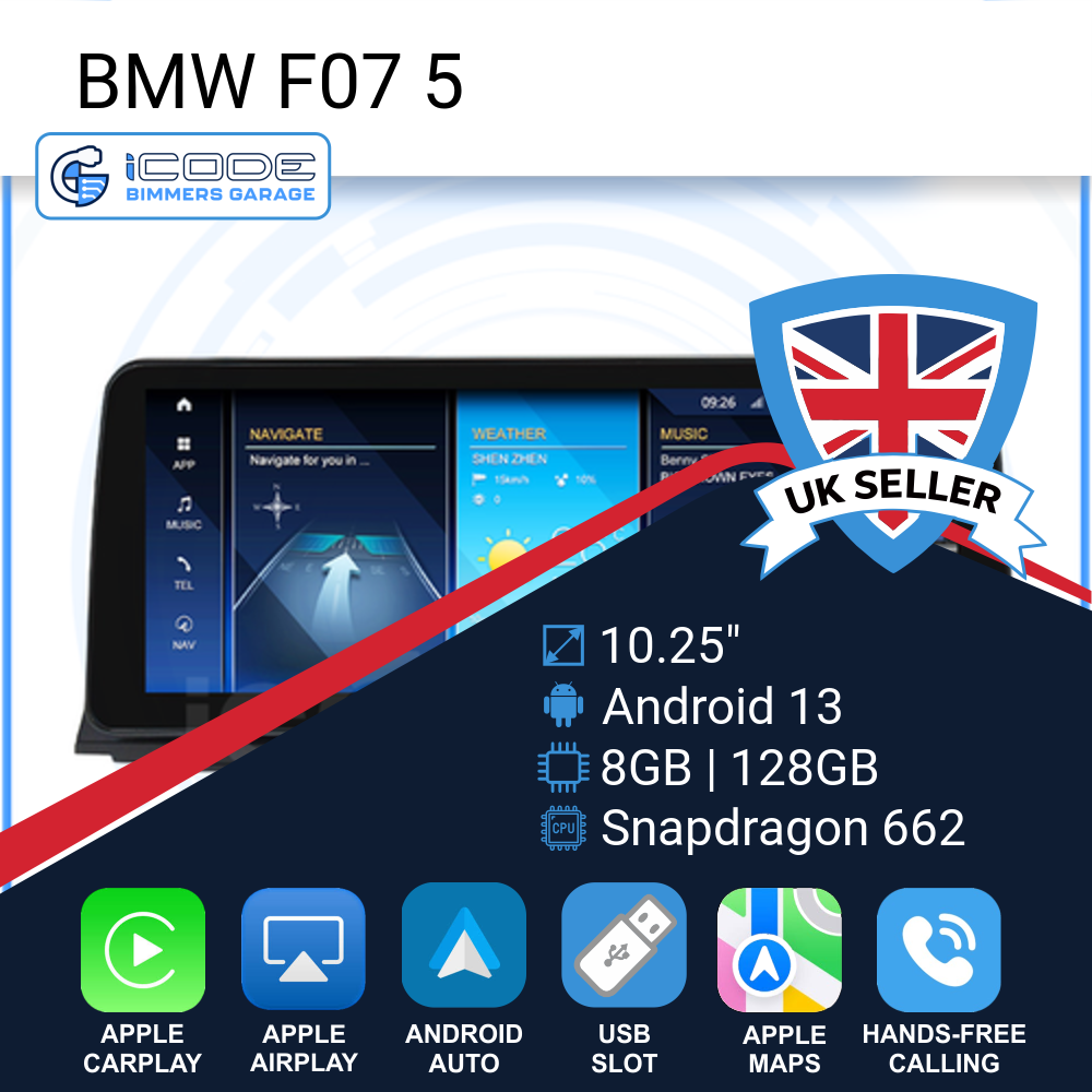 Android Touchscreen BMW F07 10.25" FHD 8GB + 128GB S662 Android 13 ID8-core Snapdragon Wireless Carplay NBT BOTH