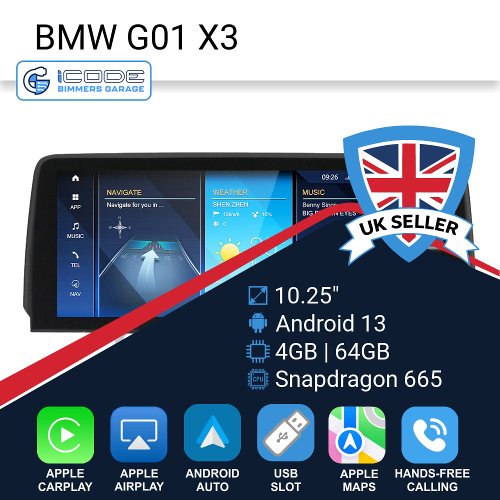 Android Touchscreen BMW G01 10.25" HD 4GB + 64GB S665 Android 13 ID8-core Snapdragon Wireless Carplay EVO LHD