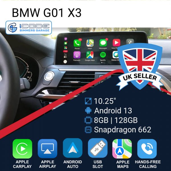 Android Touchscreen BMW G01 10.25" FHD 8GB + 128GB S662 Android 13 ID8-core Snapdragon Wireless Carplay EVO LHD