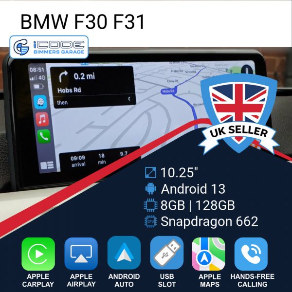 Android Touchscreen BMW F30 10.25" FHD 8GB + 128GB S662 Android 13 ID8-core Snapdragon Wireless Carplay NBT BOTH