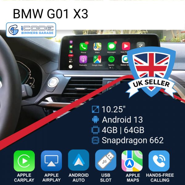 Android Touchscreen BMW G01 10.25" FHD 4GB + 64GB S662 Android 13 ID8-core Snapdragon Wireless Carplay EVO LHD