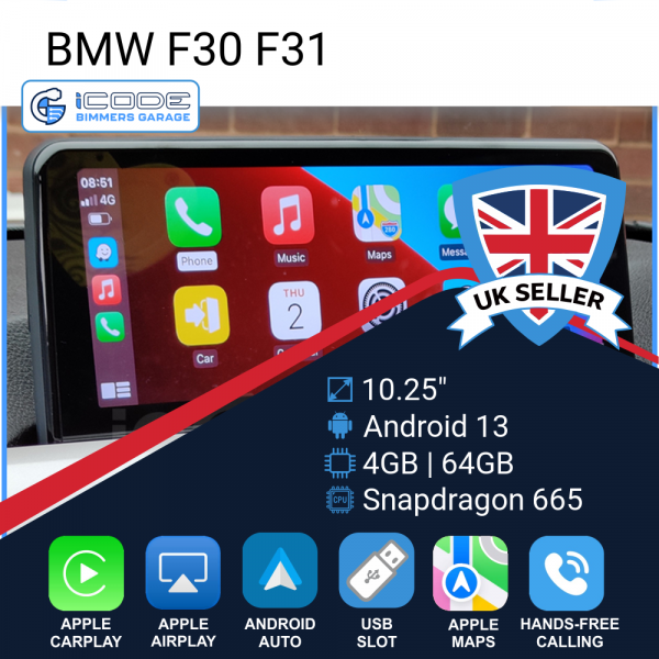 Android Touchscreen BMW F30 10.25" HD 4GB + 64GB S665 Android 13 ID8-core Snapdragon Wireless Carplay EVO BOTH