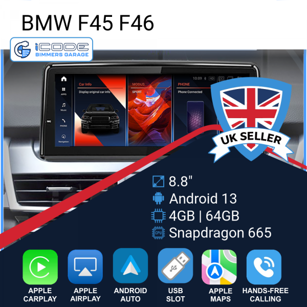 Android Touchscreen BMW F45 8.8" HD 4GB + 64GB S665 Android 13 ID8-core Snapdragon Wireless Carplay EVO BOTH