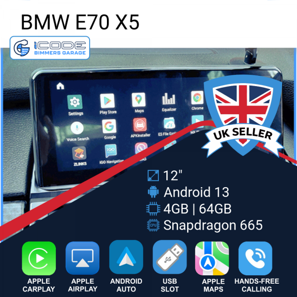 Android Touchscreen BMW E70 12" FHD 4GB + 64GB S665 Android 13 ID8-core Snapdragon Wireless Carplay CCC BOTH
