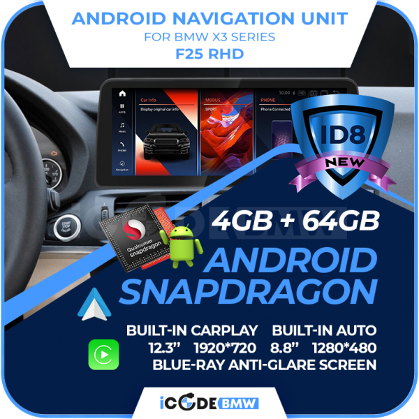 Android Touchscreen BMW F25 12.3" FHD 4GB + 64GB S665 Android 13 ID8-core Snapdragon Wireless Carplay NBT BOTH - Image 2